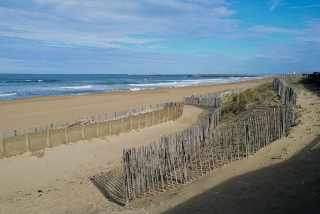 Plage de sable blanc entre forêt de pins et Atlantique dans les Landes