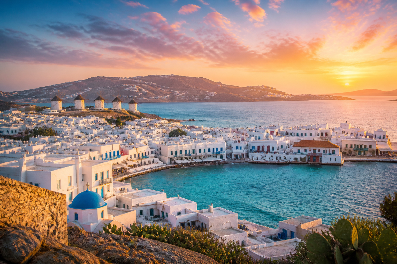 Mykonos chora au coucher du soleil