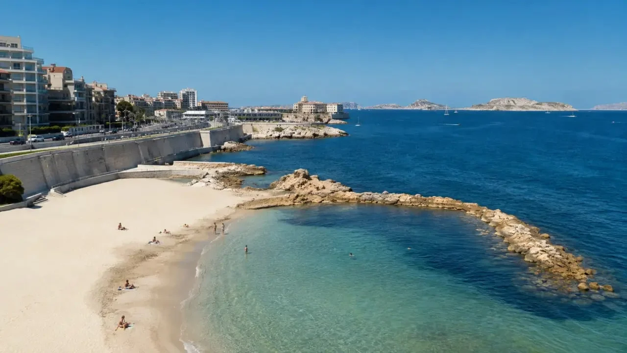 Vue de la plage des Catalans à Marseille entre la Corniche et la mer