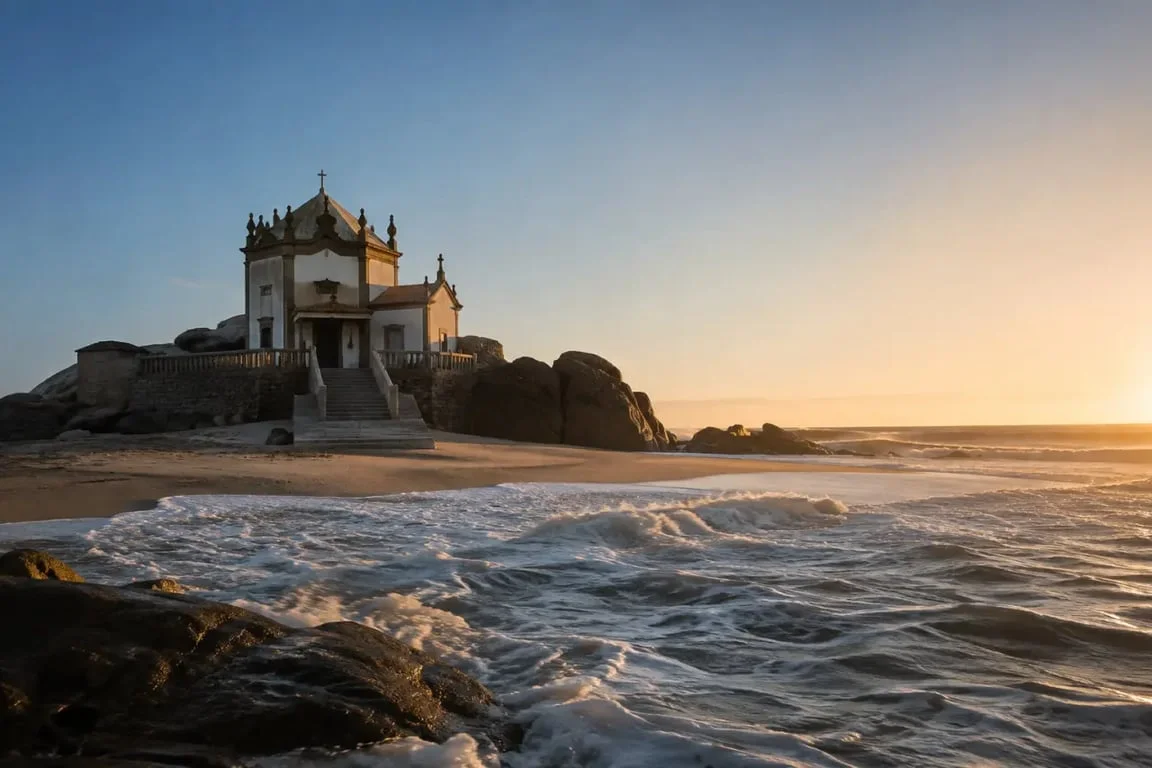 Plage Porto à Miramar avec la chapelle Senhor da Pedra