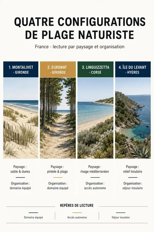 Infographie comparant quatre destinations de plage nudiste en France : Gironde, Corse et île du Levant