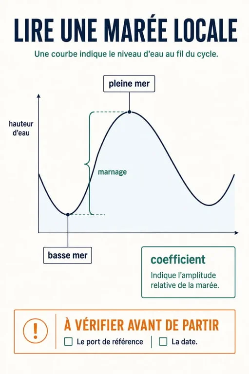 Infographie pour comprendre la marée autour de moi avec pleine mer, basse mer, hauteur d'eau et coefficient
