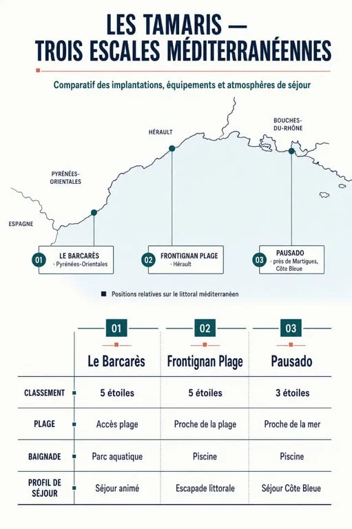 Infographie comparative des trois campings Les Tamaris au Barcarès, à Frontignan et près de Martigues