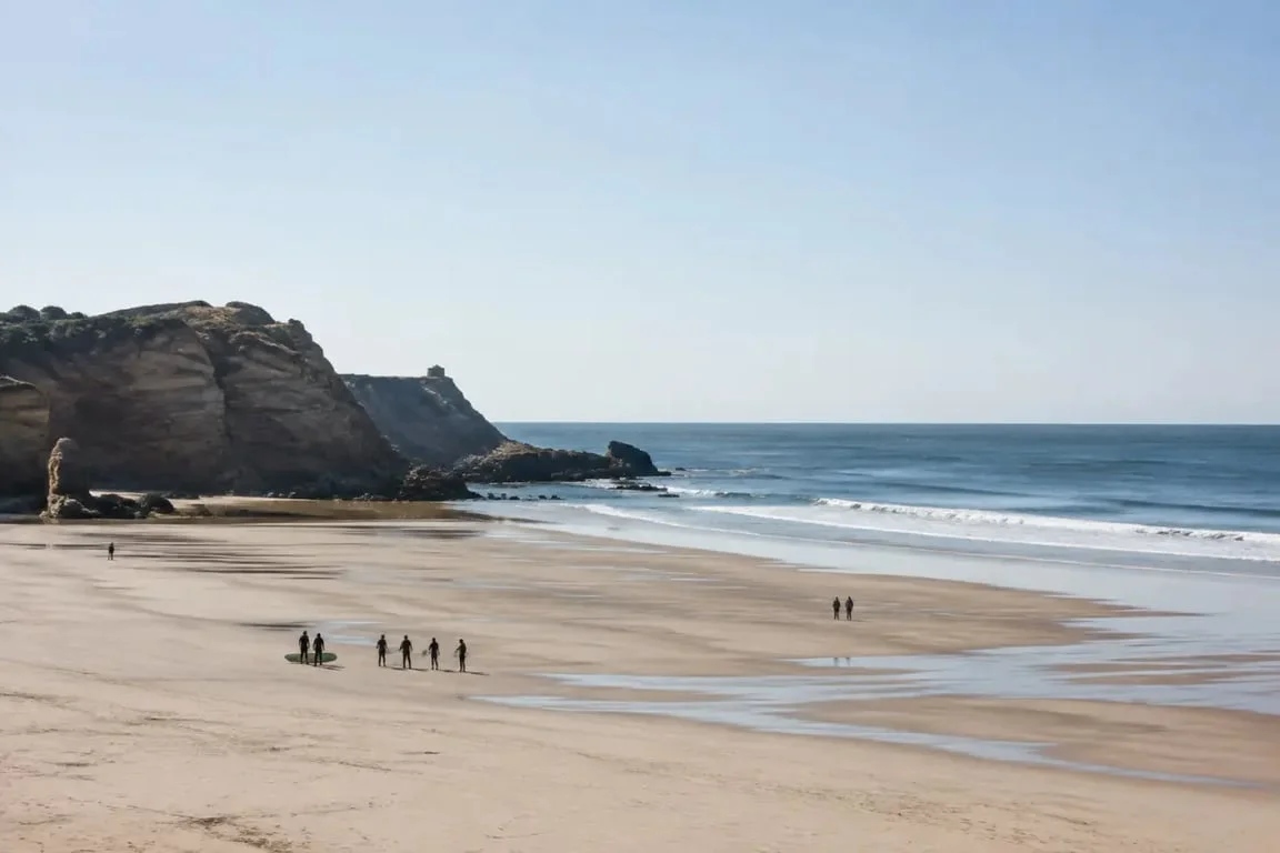 Biarritz plage : la Côte des Basques à marée basse avec des surfeurs
