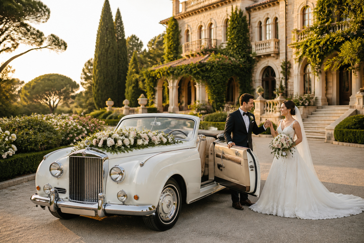 Mariage de reve voiture ancienne et couple heureux