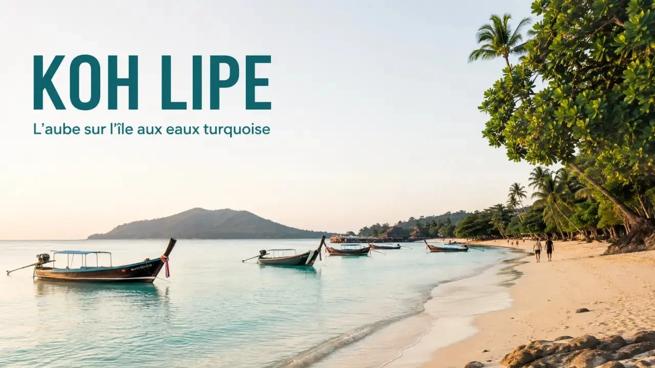 Koh Lipe au lever du jour avec plage tropicale et longtail boats