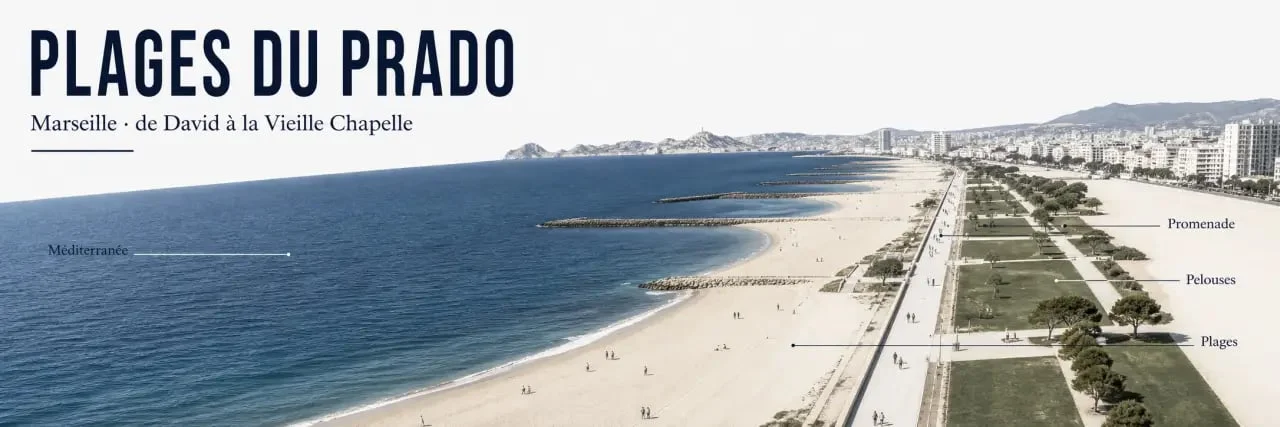 Vue panoramique de la plage du Prado à Marseille entre plages, pelouses et promenade