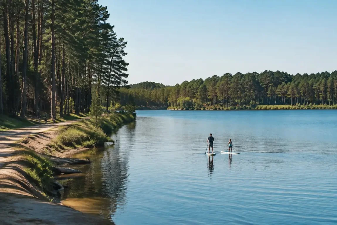 Lac de Biscarrosse bordé de pins et piste cyclable en forêt