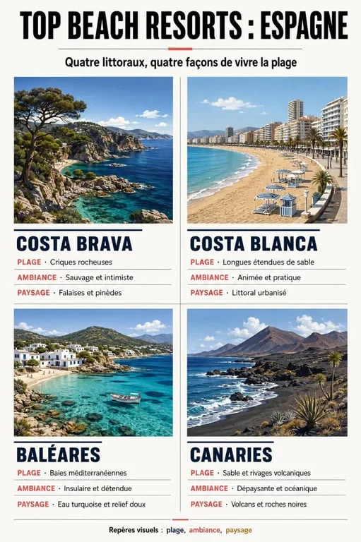 Top beach resorts Spain : comparaison visuelle des côtes, plages et ambiances espagnoles
